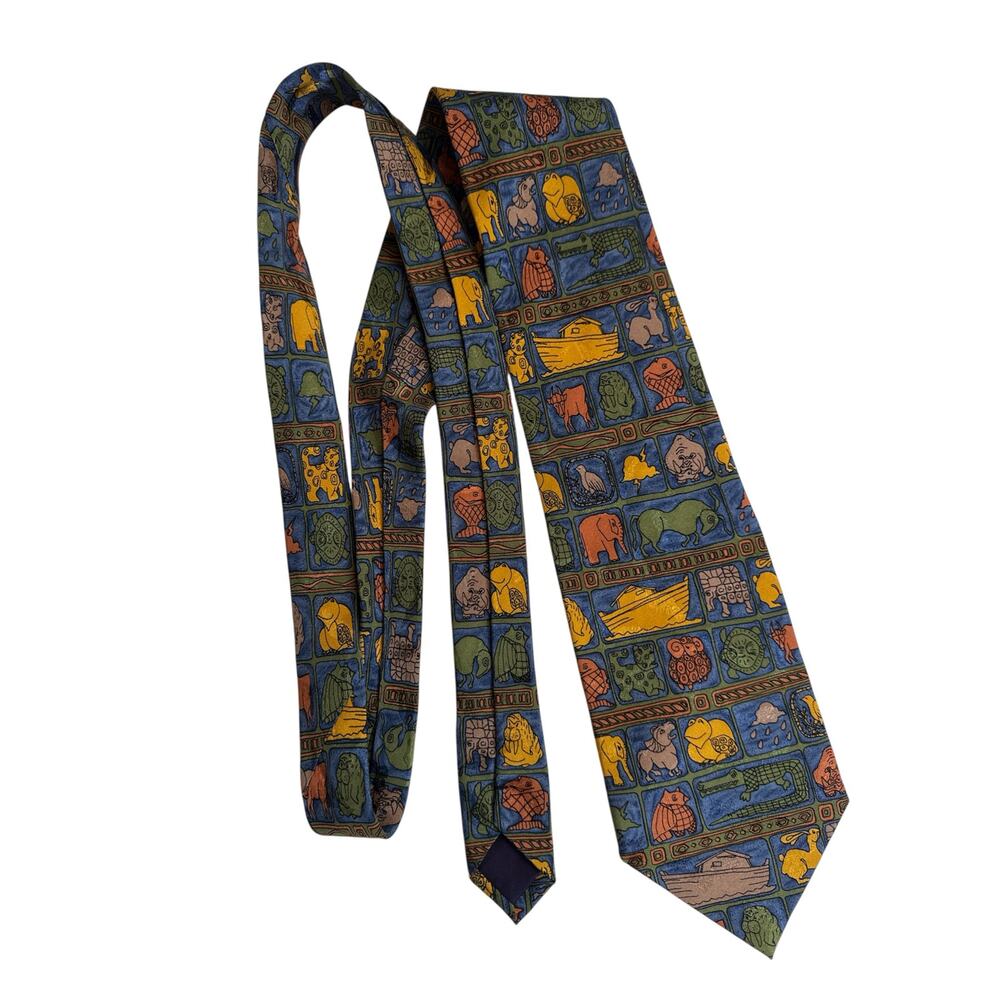 Vintage Noahs Ark Novelty Silk Tie Mens Church Easter 90s Colorful Eagles Wings